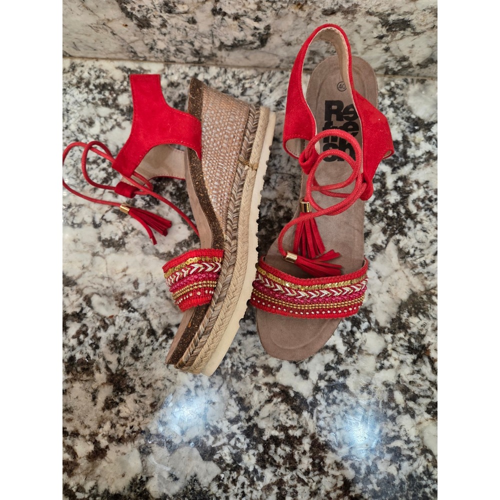 Refresh Red Boho Beaded Espadrille Wedge Sandals Ankle Tie Tassel 40 EU 9.5 US - Picture 13 of 13